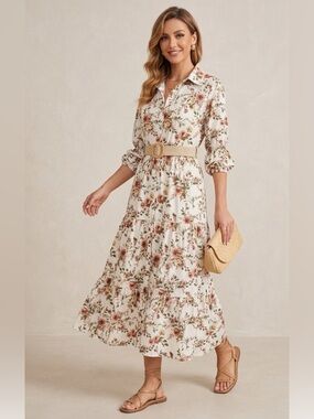 Midi Long Sleeve Comfort Dress 100% Cotton , Floral, Lightweight, Size Large